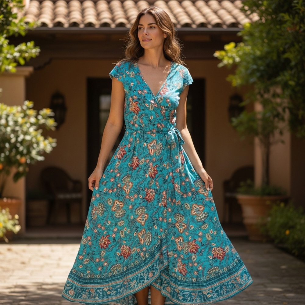 Band Of The Free Maxi Dress Blue Floral Double V Neck Faux Wrap Pockets Size M - Picture 11 of 11